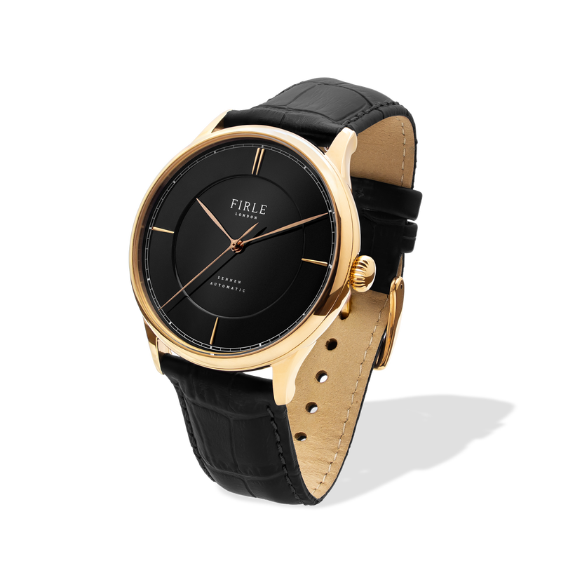 Gold watch 2025 black leather strap