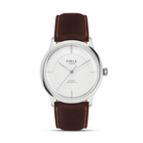 Silver mens watch with brown strap